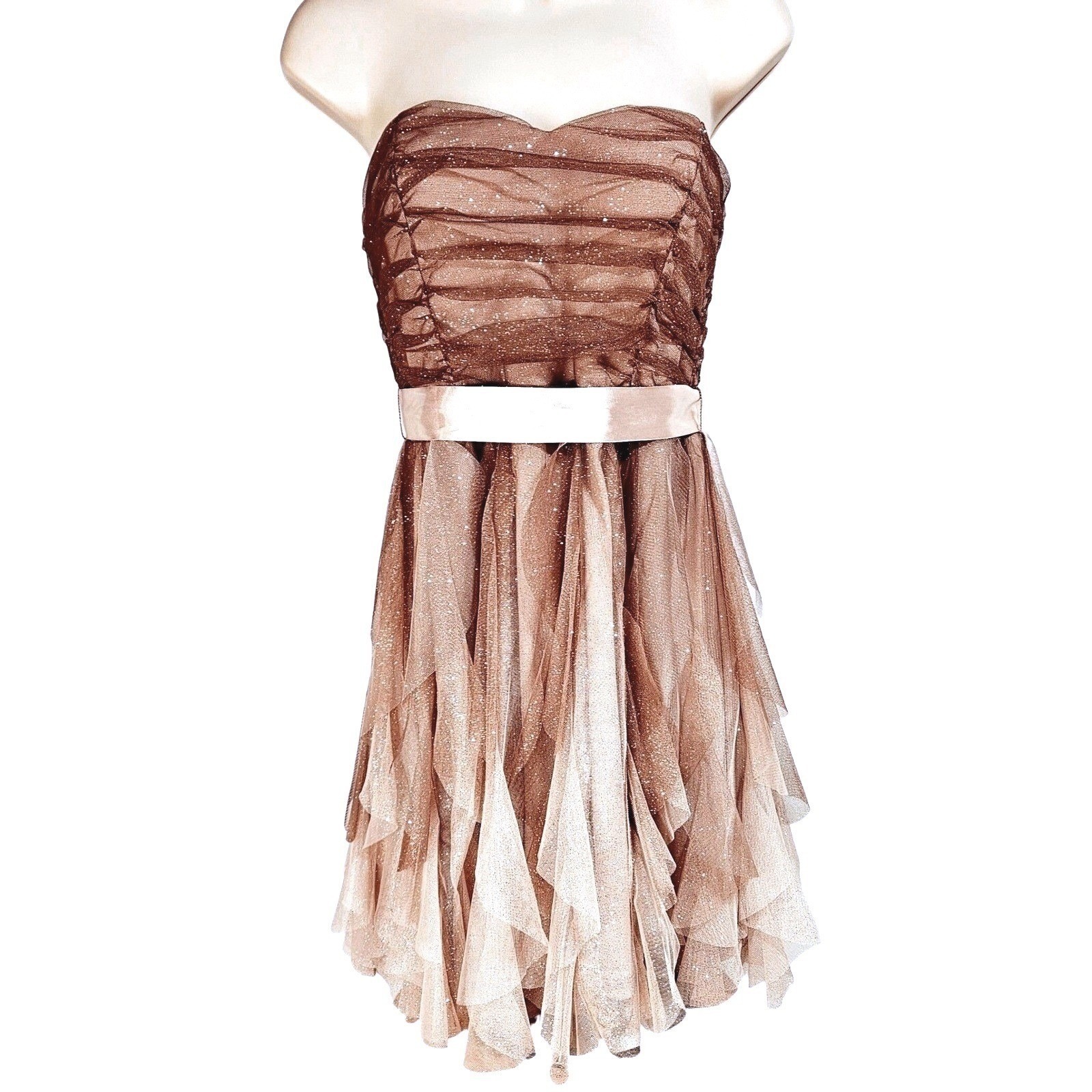 Dusty Rose Glitter Mesh Tulle Ruffle Strapless Dress M Fairycore Prom Balletcore